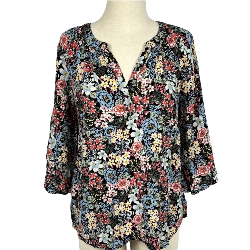 Chelsea & Theodore Floral‎ Boho Peasant Blouse Women's Small Black Multi Viscose